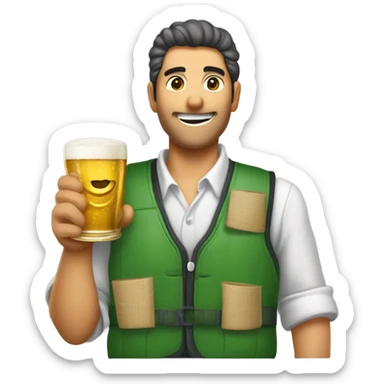 un vendedor con un palo de ciego, un chaleco verde, y tiras de cupones en el chaleco, bebiendose una cerveza sticker