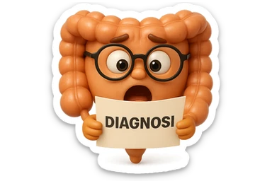 EMOJI STILE IPHONE DI UN INTESTINO CON GLI OCCHIALI CHE LEGGE UN FOGLIO CON LA SCRITTA DIAGNOSI, ESPRESSIONE STUPITA IN VOLTO, IPERREALISTICO 4K sticker