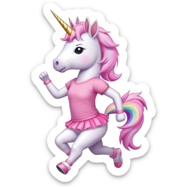 anthropomorphised female unicorn in tutu and pink t-shirt jogging upright standard pose sticker