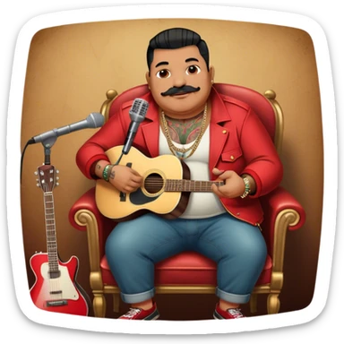 Icon for Chanson: Old fat chanson singer with tattoos and small moustache, red jacket, gold chains and braslettes, sitting on a chair with an acoustic guitar and standing microphone. No earrings. The atmosphere should reflect a nostalgic, soulful vibe with vintage elements. Transparent background. sticker