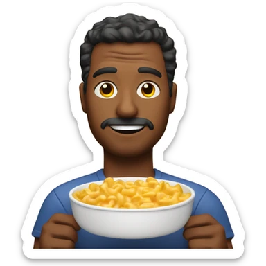 A nauseous man with a bowl of mac n cheese with ketchup  sticker