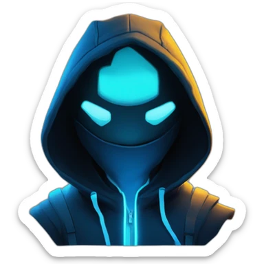 developer behind his laptop with this style : Riot Games Valorant neon glowing bright blue character blue black hooded hacker themed character sticker