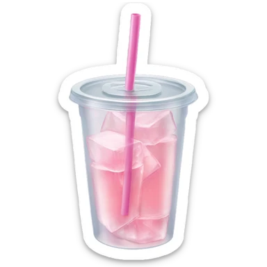 Realistic plastic cup and lid with Transluscent light pink soda and large ice cubes inside and one straw through the top of the lid. sticker