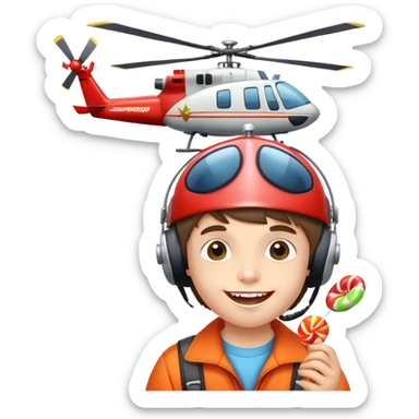 happy kid with helicopter hat eating candy sticker