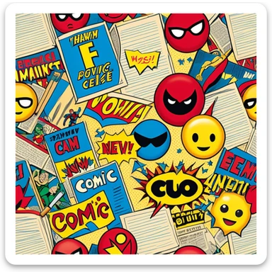 Create a vibrant emoji representing comic books and graphic novels as an art form. The design should feature a large, open comic book with vintage comic panels on the pages. Include a pencil (without a hand) gently writing text or sketching on the pages. The comic panels should have bold lines and retro-style artwork with classic comic book visuals. Use bright, energetic colors like red, yellow, and blue to evoke excitement and creativity. The overall design should feel dynamic, vintage, and artistic. Make the background transparent. sticker