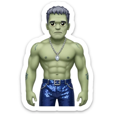 Frankenstein with grey skin, indigo sequin baggy pants, shirtless with necklace sticker