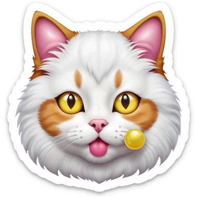 Cat with white center of his face and kinda ginger kinda brown and black strikes yellow eyes pink nose blowing a bubble gum sticker