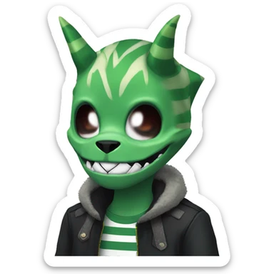 Digimon, horns, black body, green hair, anthro, furry, shark, skull face, skull mask, green stripes, tufted tail,  sticker