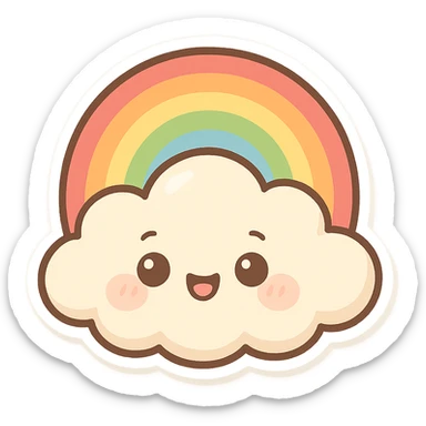 chibi sticker-style cloud with a rainbow, cute and exaggerated sticker