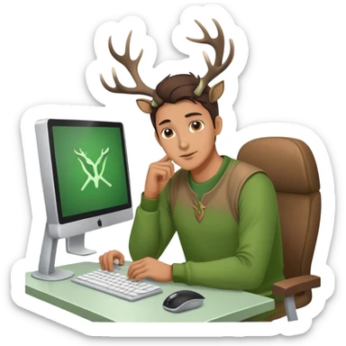 Guy works at computer with deers antlers, green clothes, brown eyes  sticker