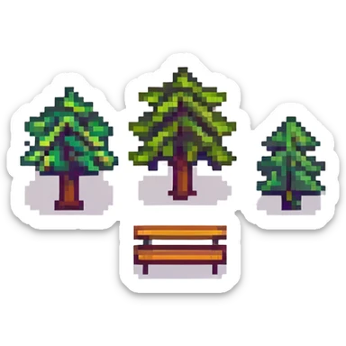 tiny simple city park icon with tree and bench, modern colors, minimal details, small size sticker