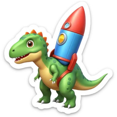 cute toy-like rocket-propelled dinosaur, rounded shapes, glossy texture, colorful rocket backpack, happy expression, 3D cartoon, mobile game icon style, clean background, no text, no watermark
 sticker