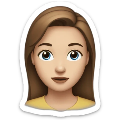 young woman with long brown hair, blue almond-shaped eyes, thin eyebrows and earring sticker