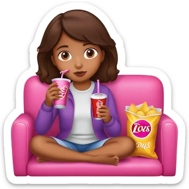 home brown girl with chips and soda drink at the pink sofa sticker
