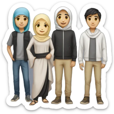 Group of six teenagers one hijabi girl, a blonde girl, an arab boy and 2 white boys sticker