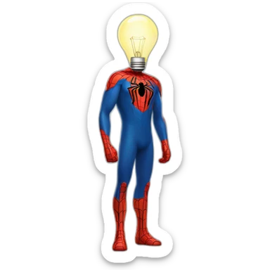 a man in a spider-man costume, but instead of a head there is a glowing light bulb sticker