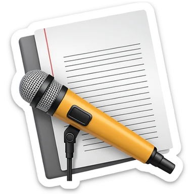 minimalist, flat iconography design; suitable to be used as an emoji/reaction in chat: a document with a folded corner and horizontal lines, outlined in a brick pattern. At the top center of the document is an icon indicating ai. In front of the document a microphone icon sticker
