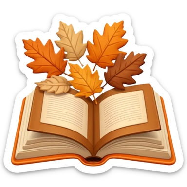 A cute 3D emoji of an open book with autumn leaves around it, cozy fall colors (orange, brown, beige), playful and modern style, glossy finish, minimalistic but expressive, symbolizing a Fall Reading Challenge. sticker