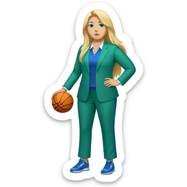 Full Body white plus size female basketball head coach with long blonde hair in a blue and green suit sticker
