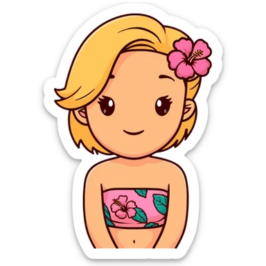 tan girl with dark brown hair and blonde highlights with a hibiscus flower in her hair wearing a pink tube top with tan lines showing sticker