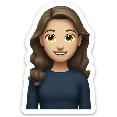 girl with brown hair, gray eyes, fair skin, in a dark blue sweater and smiling relaxed sticker