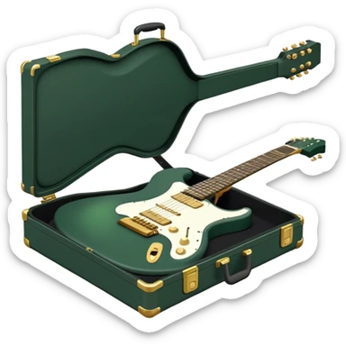 minimalist electric guitar in dark green, closed inside a black rectangular hard case with gold latches, soft matte textures, simplified details, alternate angle sticker