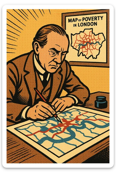 Charles Booth sitting at his desk creating a map of poverty in London sticker