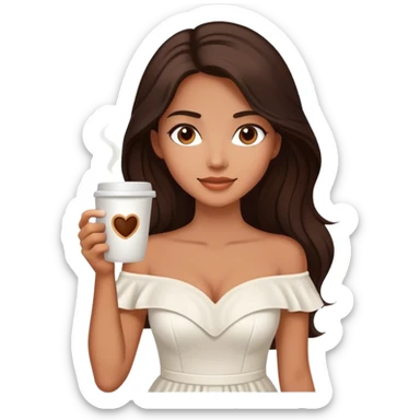 Beautiful woman in 1950’s woman fashion look, off-shoulder white dress, long dark brown hair, coffee sticker