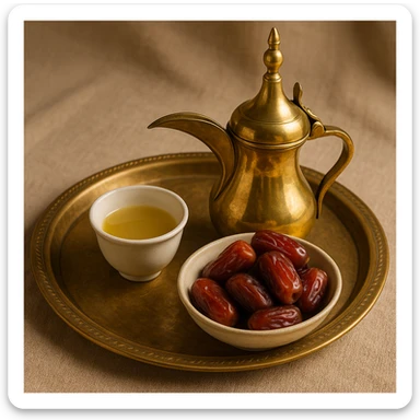 Saudi coffee with dates served on a tray, inviting and cultural sticker