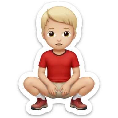 A kid wearing a poopy underwear with a red t-shirt squatting down sticker