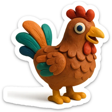 hen with colorful feathers and playful expression in claymation style sticker