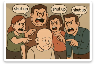 a group of animated figures scolding a bald man, flat toon style, clear facial expressions, speech bubbles with 'shut up', minimal background sticker