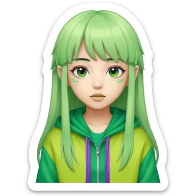  portrait-of-a-green-skin-alien-k-pop-idol,-wearing-a-stylish-streetwear-outfit-with-layered-colorful-clothing,-long-hair-with-bangs,-makeup,- sticker