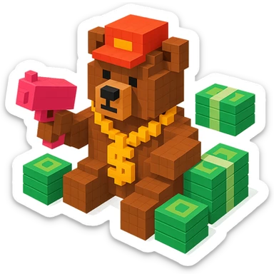 Russian grizzly bear with a rapper chain and a money gun, surrounded by stacks of money sticker