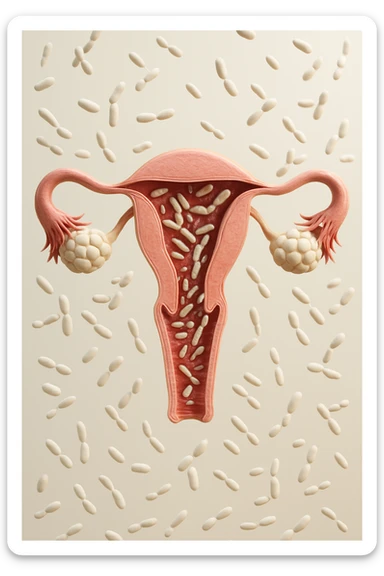 utero umano realistico con batteri della candida intorno, la foto si deve vedere per intero in formato verticale, sullo sfondo neutro chiaro ci sono batteri della candida, iperrealistico 4k sticker