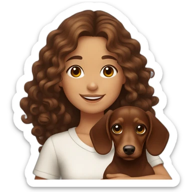 Girl long curly brown hair smiling and brown eyes and holding a dachshund  in her arms sticker