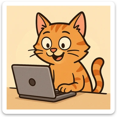 cartoon style cat using a laptop, bright and cheerful atmosphere sticker