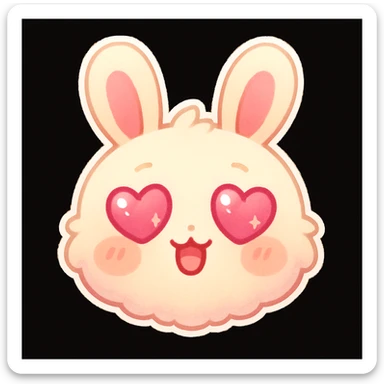kawaii chibi-style bunny emoji with a round fluffy face, sparkly eyes, blushing cheeks, pastel color palette, love eyes mood, soft rounded design, anime-style, black background, vector art sticker