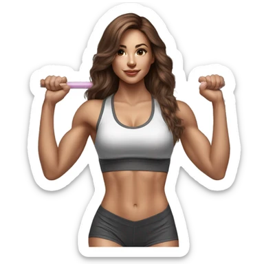 Hyperrealistic pencil drawing of athletic sexy girl in full height with brown hair and barbell sticker