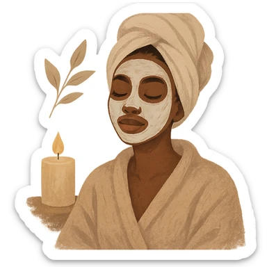 self care aesthetic, black girl with brown skin, relaxing with a face mask and towel, cozy and serene atmosphere sticker