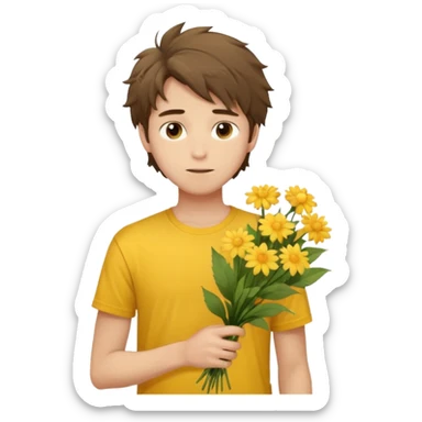 generate an ios genmoji of a 20 year old fair boy with brown long and messy hair with faint stubble. should look like he cant grow a mustache., carrying a flower bouquet, wearing a yellow tshirt, looking shy sticker