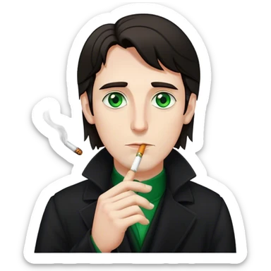 Dark-haired, pale, long-haired man with a long face, green eyes, wearing a long black coat and holding a cigarette in his hand sticker