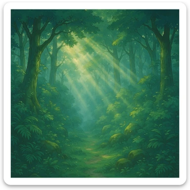 dense forest with mist and sunlight, Ghibli-inspired style sticker