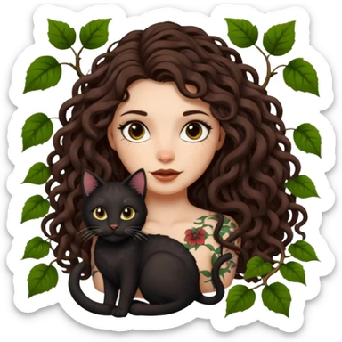 woman with long curly brown hair, brown eyes, white skin, tattoos, black cat tangled in living vines sticker