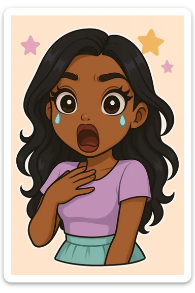 Change her expression to shocked, keep her as a 20-year-old anime Bratz style woman with dark skin, dark hair, cute pastel Y2K look, big expressive eyes, and glossy lips. sticker