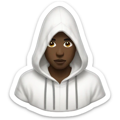 A black man wearing a white hood adorned with short white wool threads sticker
