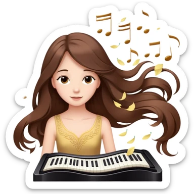 Girl with long brown hair surrounded by soft piano notes and floating petals elegant cute  sticker