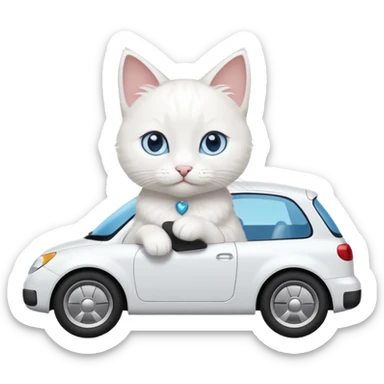 Please create a small emoji the size of 🚗 featuring a pure white cat with blue eyes on a white car viewed from side. Again it is necessary that the emoji must be extremely small, much smaller than a standard sized sticker. sticker