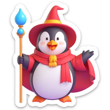 heroic penguin wizard with a flowing cape, staff raised, ready to cast magic, 3D emoji style sticker