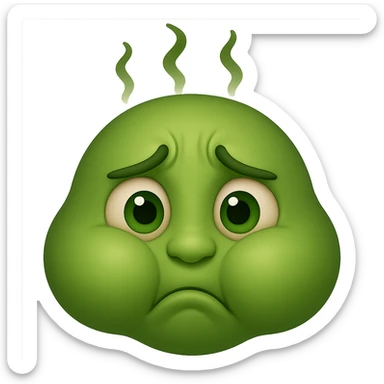 Make the emoji face look nauseous with a greenish tint, cheeks puffed, queasy expression, and wavy stink lines. Remove the background. The style should resemble a typical emoji but focus on the nauseous expression and greenish color. sticker